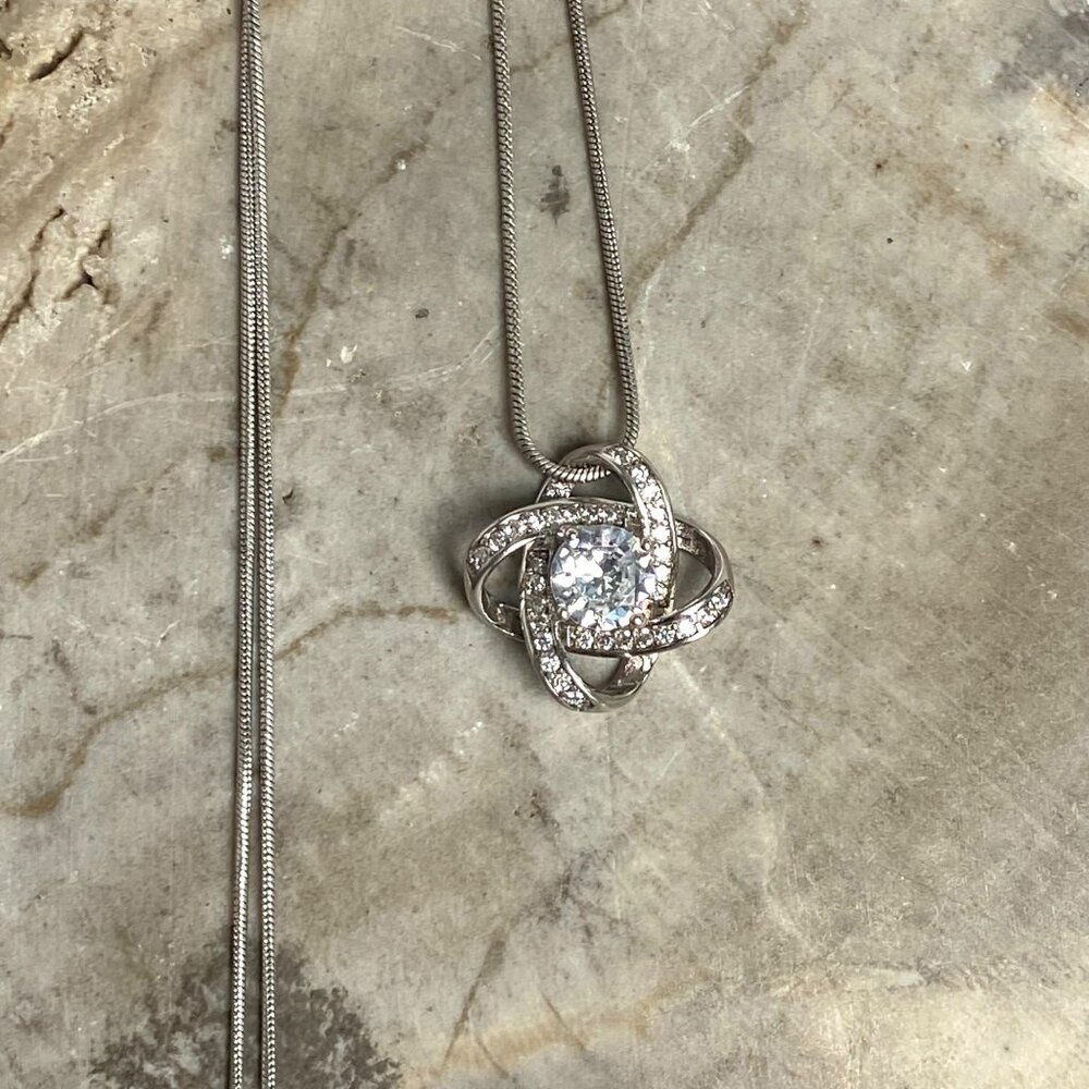 Sterling Silver 925 18K White Gold Love Knot CZ Pendant Necklace 22" Chain